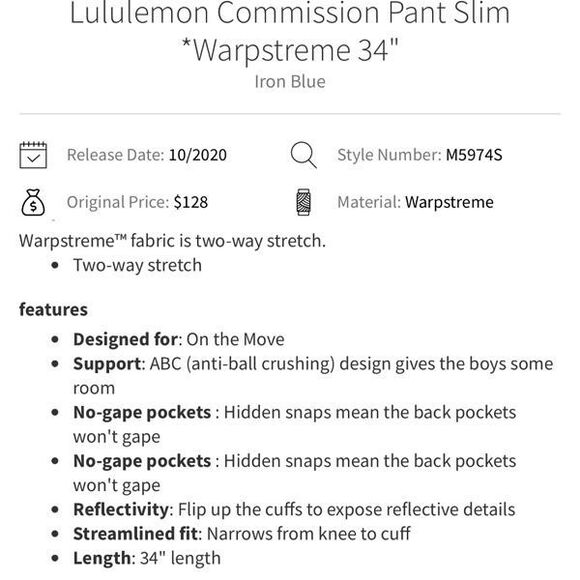 Lululemon Commission Pant Slim *Warpstreme 34" in Iron Blue Size 32 - Picture 8 of 8